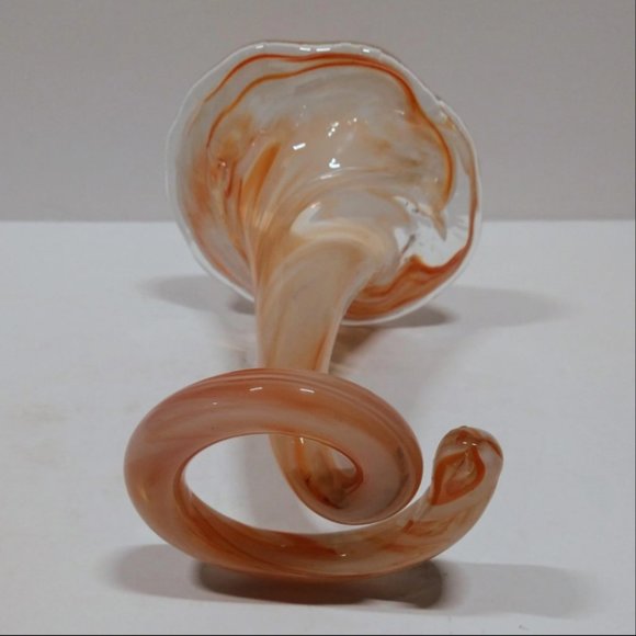 Vintage Orange, White & Clear Art Glass Tulip Trumpet Vase Swirl Coiled Base - Picture 3 of 6